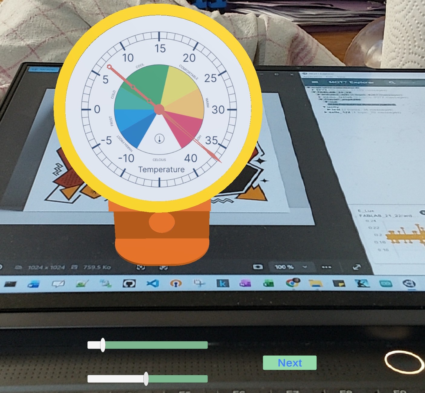 Donnée de température reçue par MQTT et affichée dans la scène AR